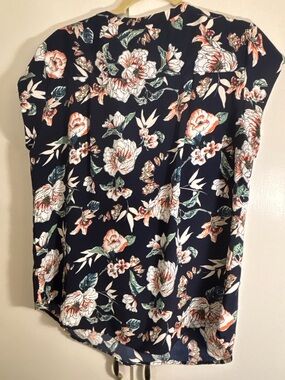 fun 2 fun Navy Floral Cap Sleeve Blouse with Coral & Green Accents